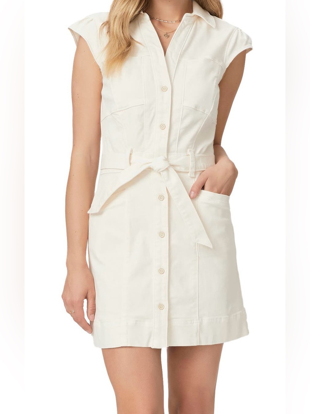 PAIGE Jaxsyn Tie Waist Cotton Blend Twill Mini Shirtdress in Quartz Sand Size 8 - Picture 2 of 14